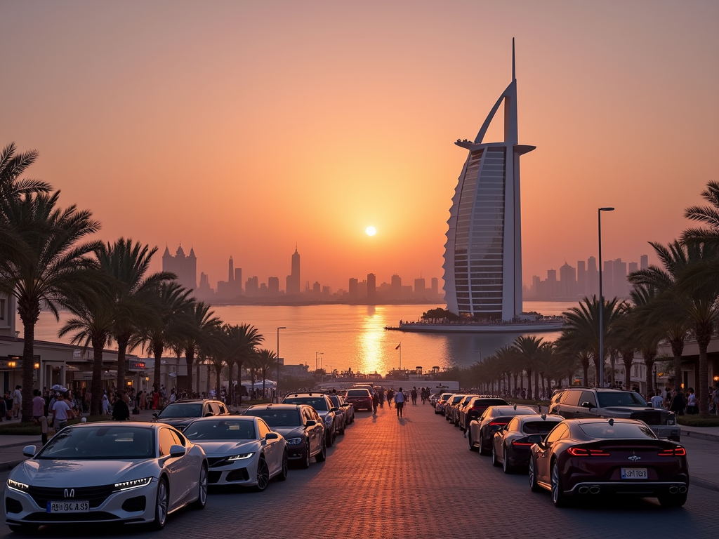 Sunset view of a palm-lined street with luxury cars leading up to the sail-shaped building by the sea.