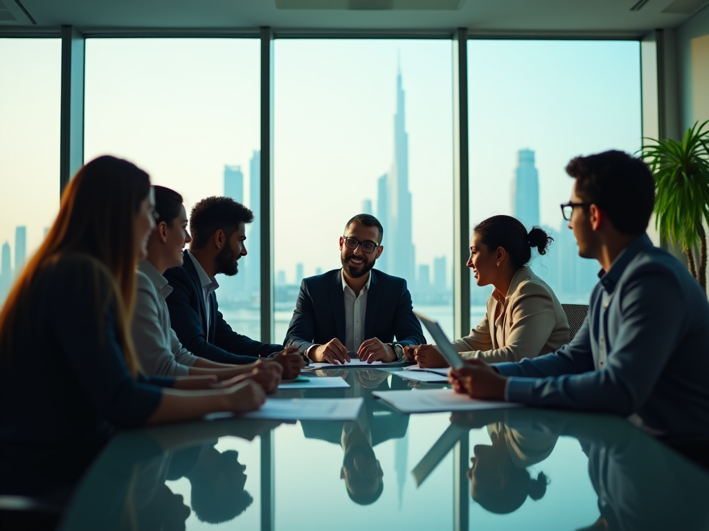 Diverse group of business professionals engaging in a discussion around a conference table with city skyline backdrop.