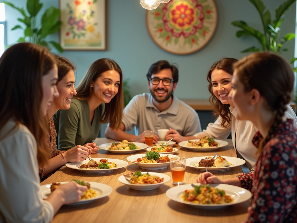 Five friends enjoying a meal together at a table, smiling and talking in a cozy dining room.