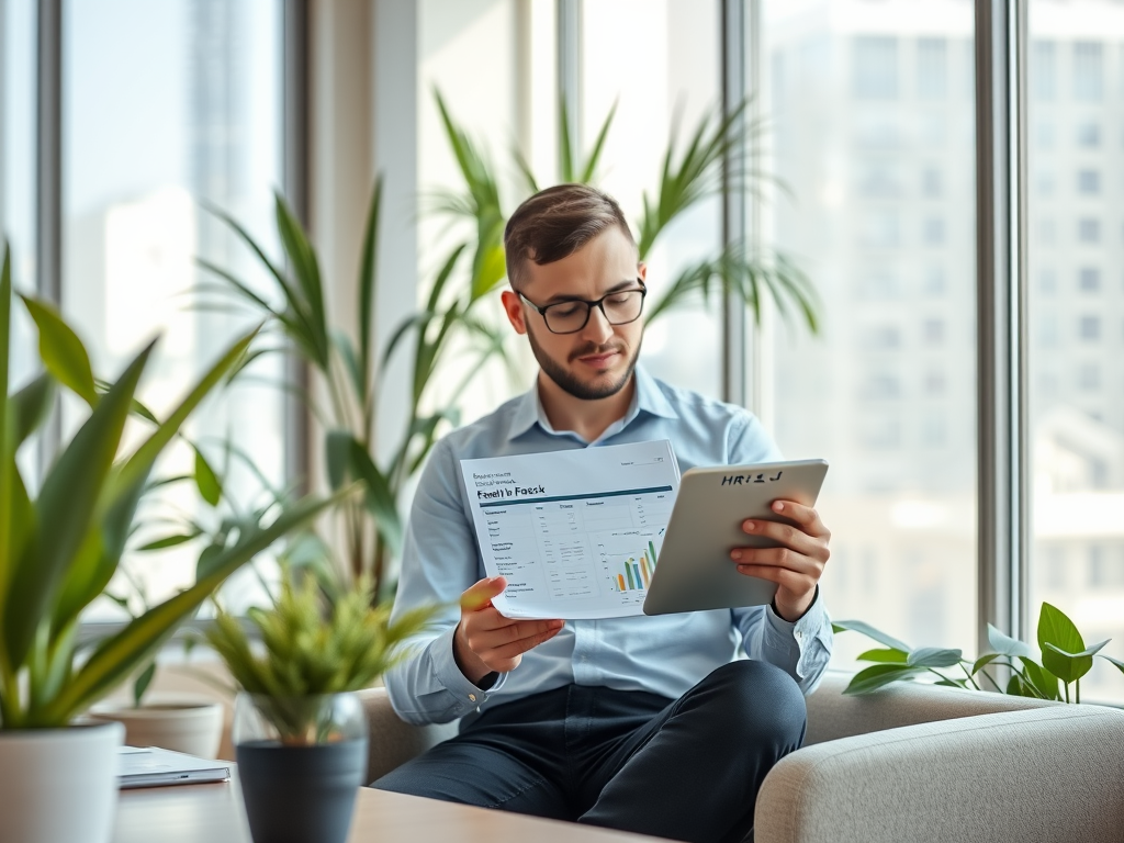 A man in a blue shirt sits among plants, reading a report on a tablet while analyzing charts and data.