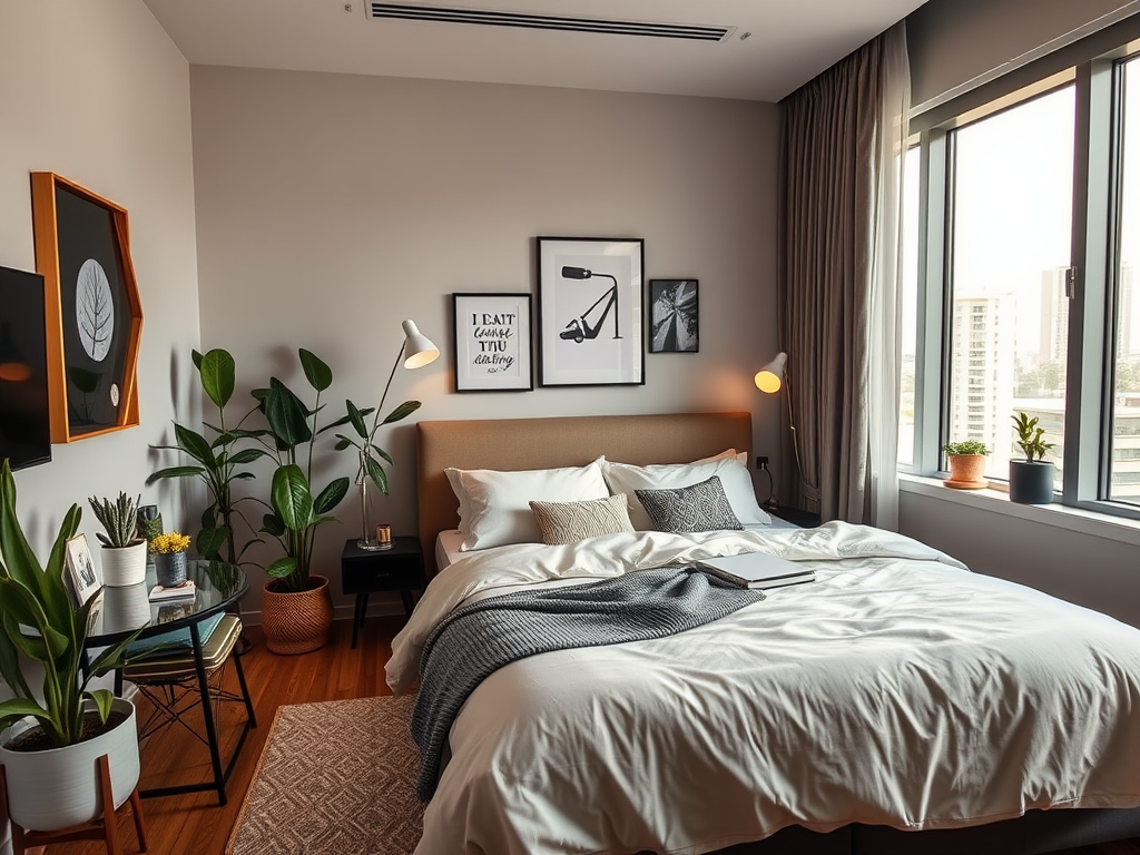 A cozy modern bedroom featuring plants, artwork, and a comfortable bed with a light color scheme.