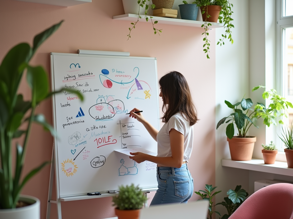 Woman drawing on a whiteboard in a plant-filled office space.