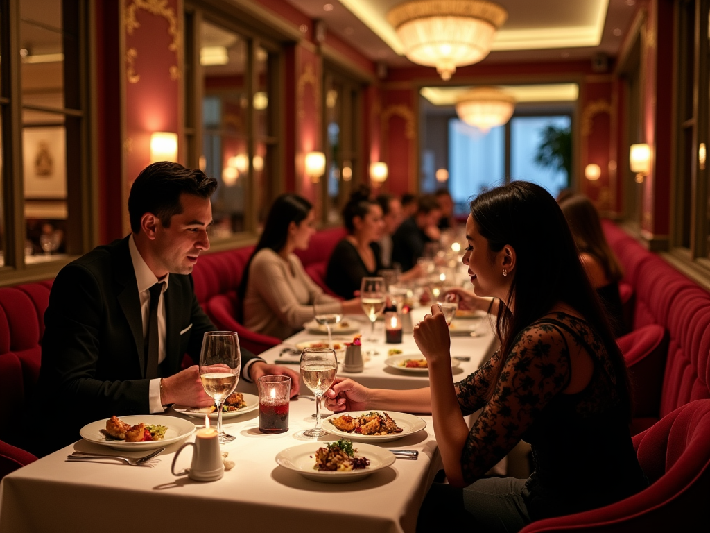 Elegant couple dining in a luxurious restaurant with warm, ambient lighting.