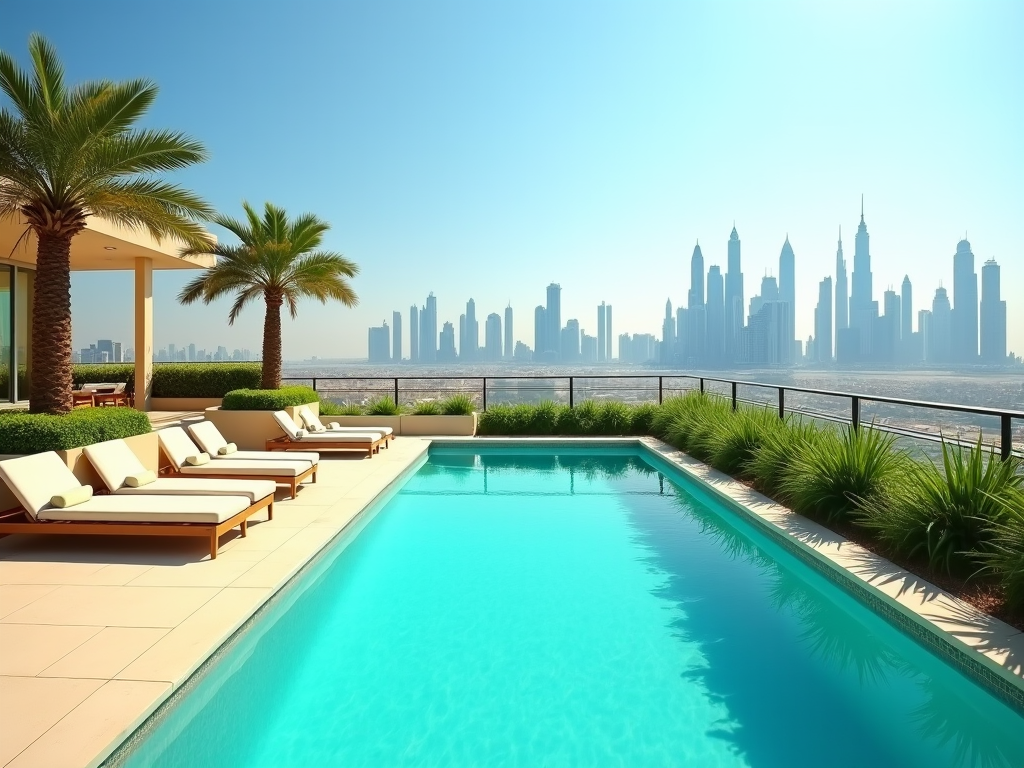 Luxury poolside view featuring lounge chairs and palm trees with a panoramic skyline backdrop.