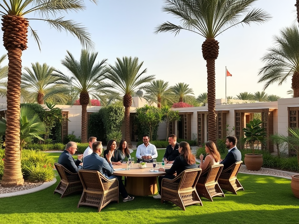 A group of people seated around a table outdoors, surrounded by palm trees and lush greenery.