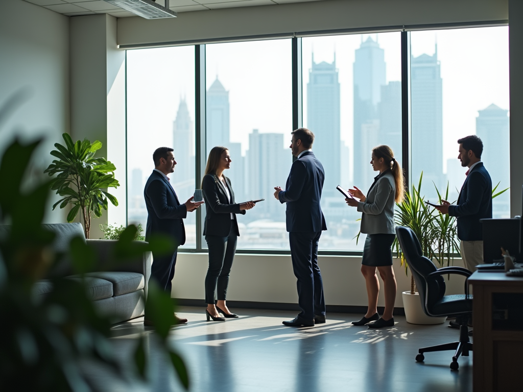 Five professionals conversing near large office window overlooking a city skyline, each holding digital devices.