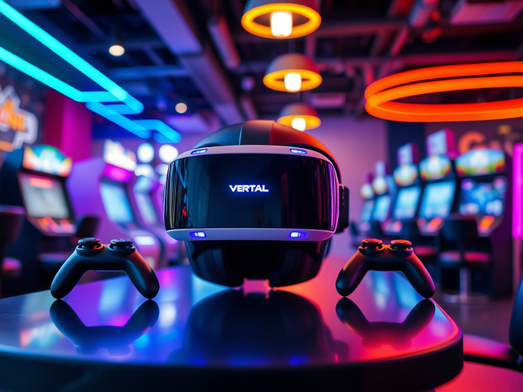 A sleek VR headset with controllers displayed in a vibrant arcade illuminated by colorful lights.