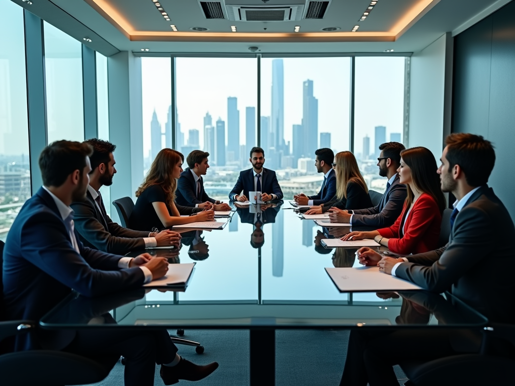 Business professionals in a meeting room with city skyline in the background.