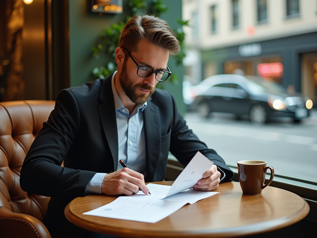 Man in suit signing documents at a cafe table with a coffee cup, facing a street view.