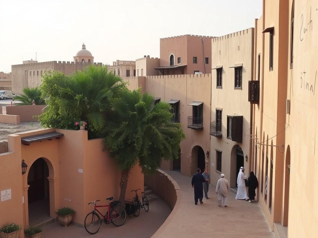 Streets lined with traditional buildings and palm trees, with people walking and bicycles parked nearby.