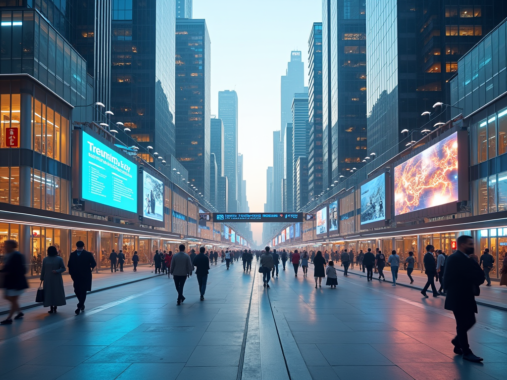 Crowded pedestrian street with illuminated ads on buildings during twilight in a modern cityscape.