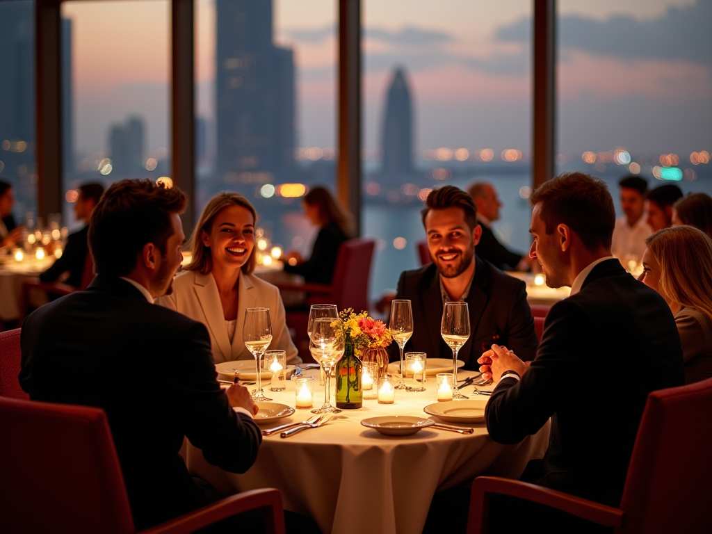 Two couples dining at a high-end restaurant with city skyline view at dusk.