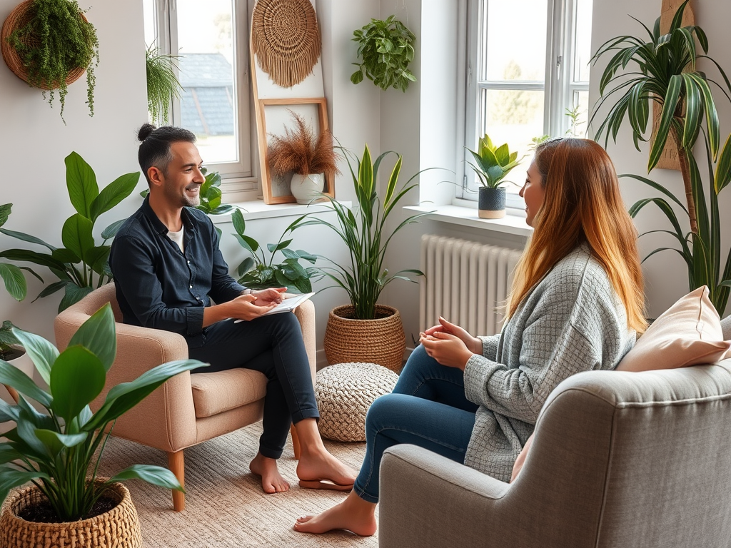 A man and a woman engage in conversation in a cozy, plant-filled room, seated on comfortable chairs.