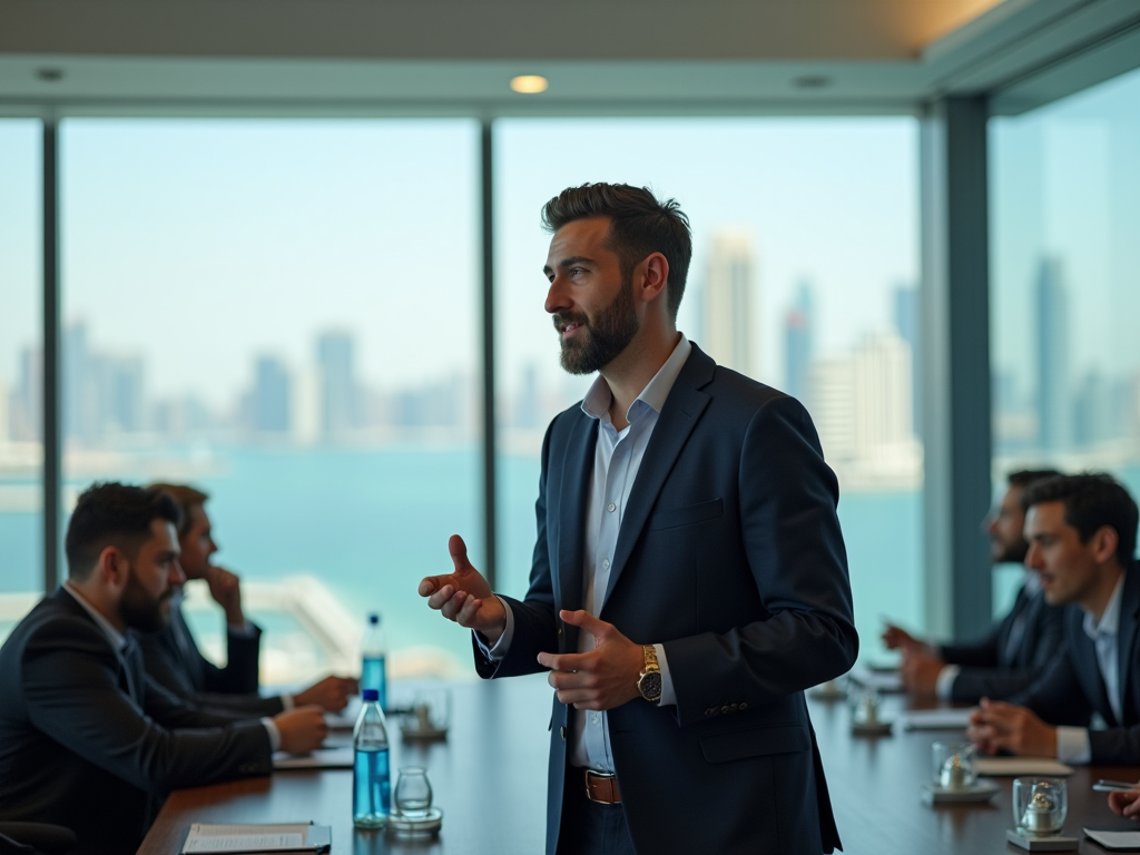 Man presenting to colleagues in a meeting room with cityscape background.