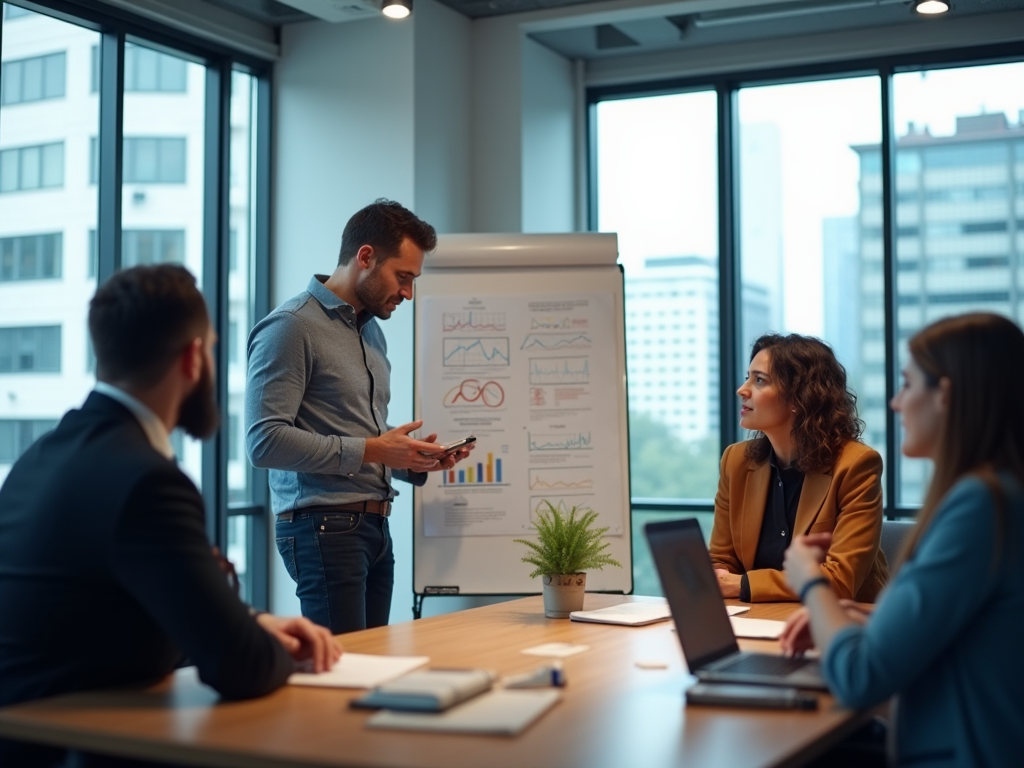 Man presenting at a flip chart during a business meeting, other attendees focused and listening.