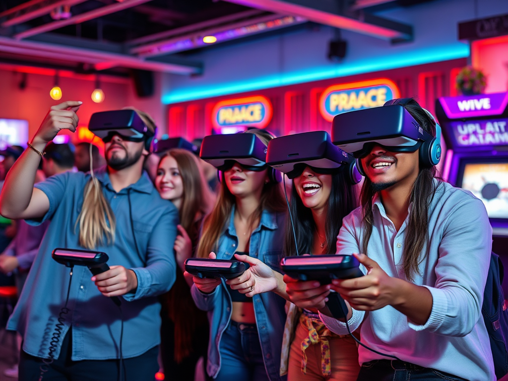 Group of friends enjoying virtual reality gaming, wearing headsets and smiling in a vibrant arcade setting.