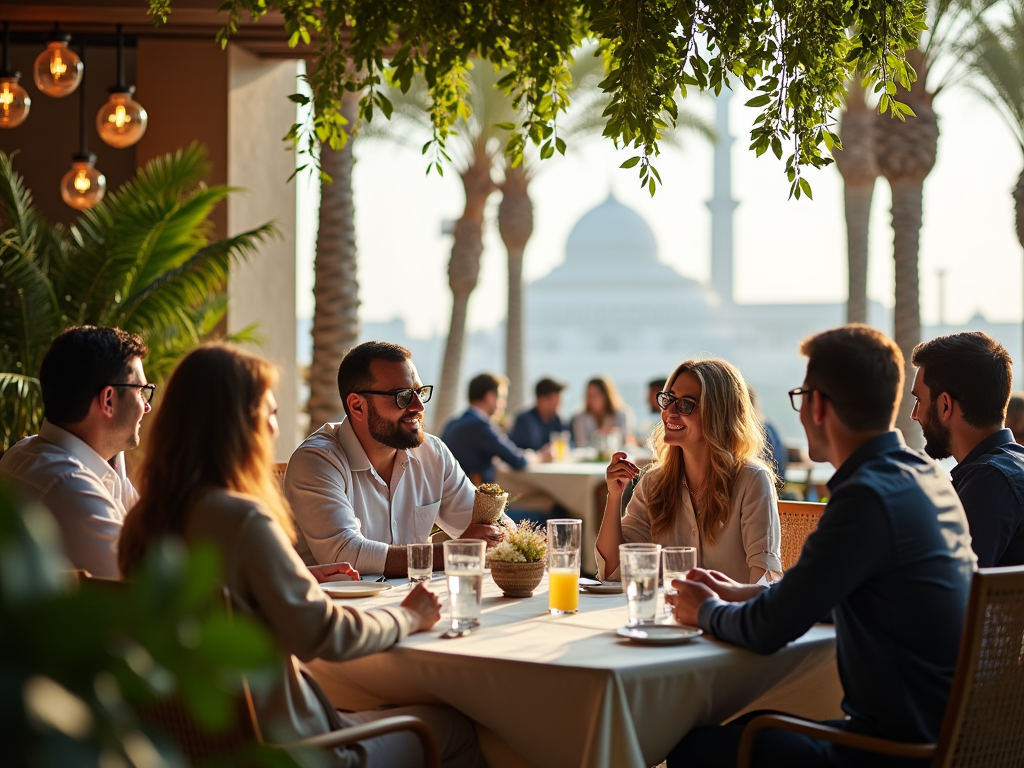 Group of friends dining outdoors with a view of a mosque in the background at sunset.