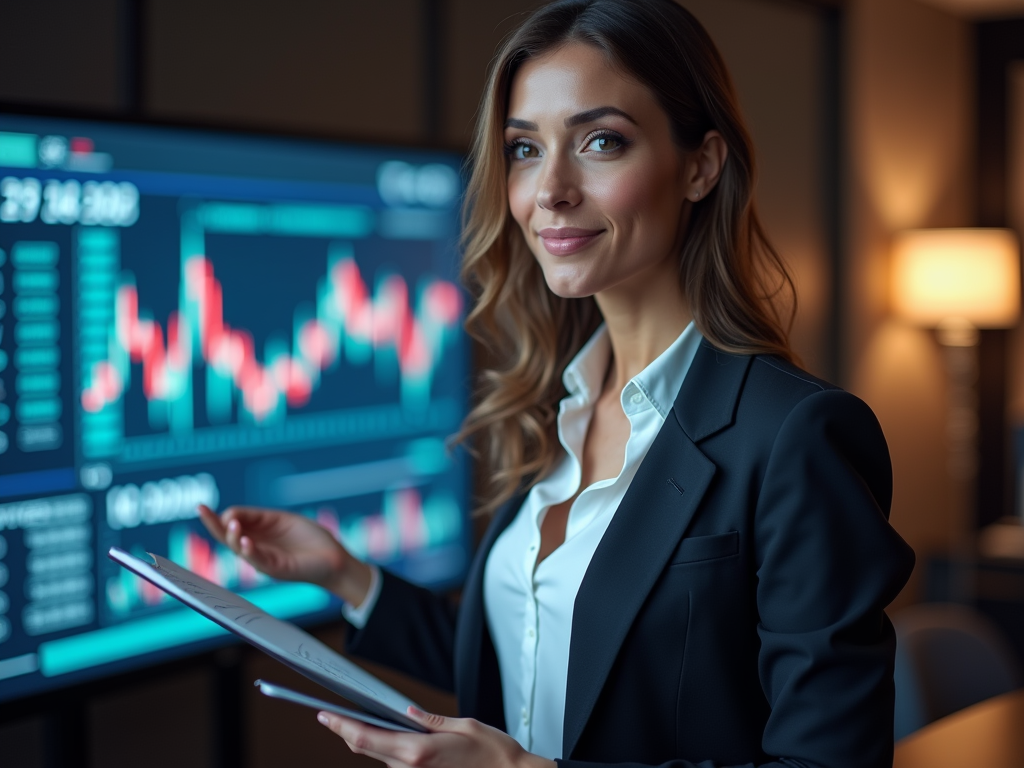 Professional woman holding a tablet in front of stock market charts displaying market data.