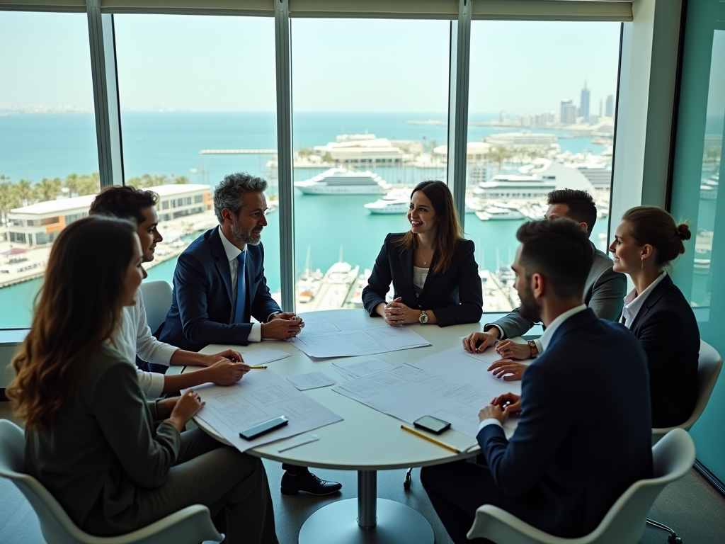 Business meeting in a modern office with ocean views, discussing over documents.