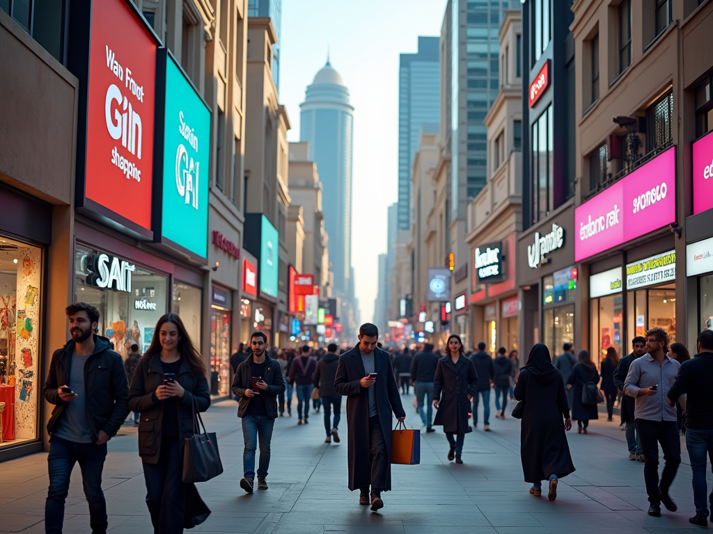 People walking on a vibrant city street with colorful storefronts and high-rise buildings in the background.