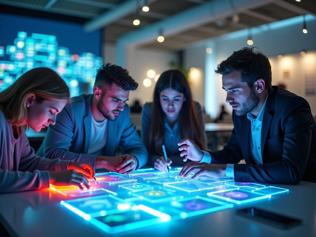 Four professionals engaging with interactive digital table display in a dim, tech-driven office space.