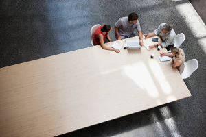 A group of people at a large table discussing business documents in an office setting.