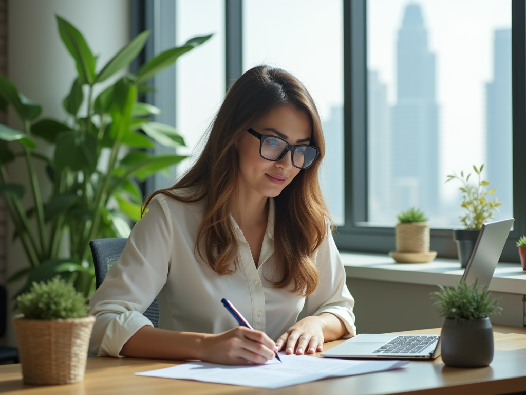 Woman working at desk in bright office, writing on paper, laptop and plants nearby, cityscape in background.