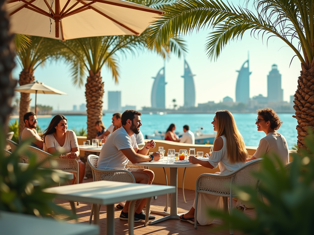 Friends enjoying a sunny day at an outdoor café with a view of iconic Dubai skyscrapers in the background.