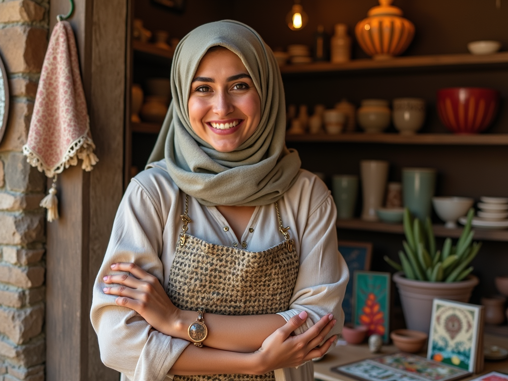 Smiling woman in hijab, standing in a cozy pottery workshop with shelves of colorful ceramics.