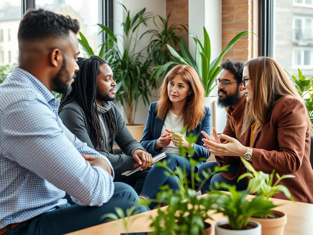 A diverse group of five people engaged in a discussion in a bright, plant-filled room.