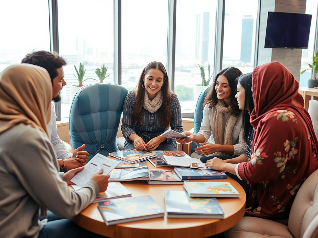 A group of diverse individuals engaged in discussion around a table filled with books and papers, with a city view behind.