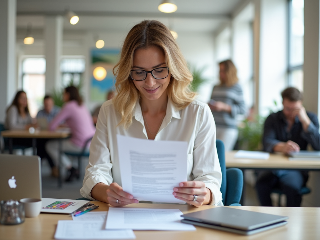 Woman in glasses reading a document at a busy office with coworkers in background.