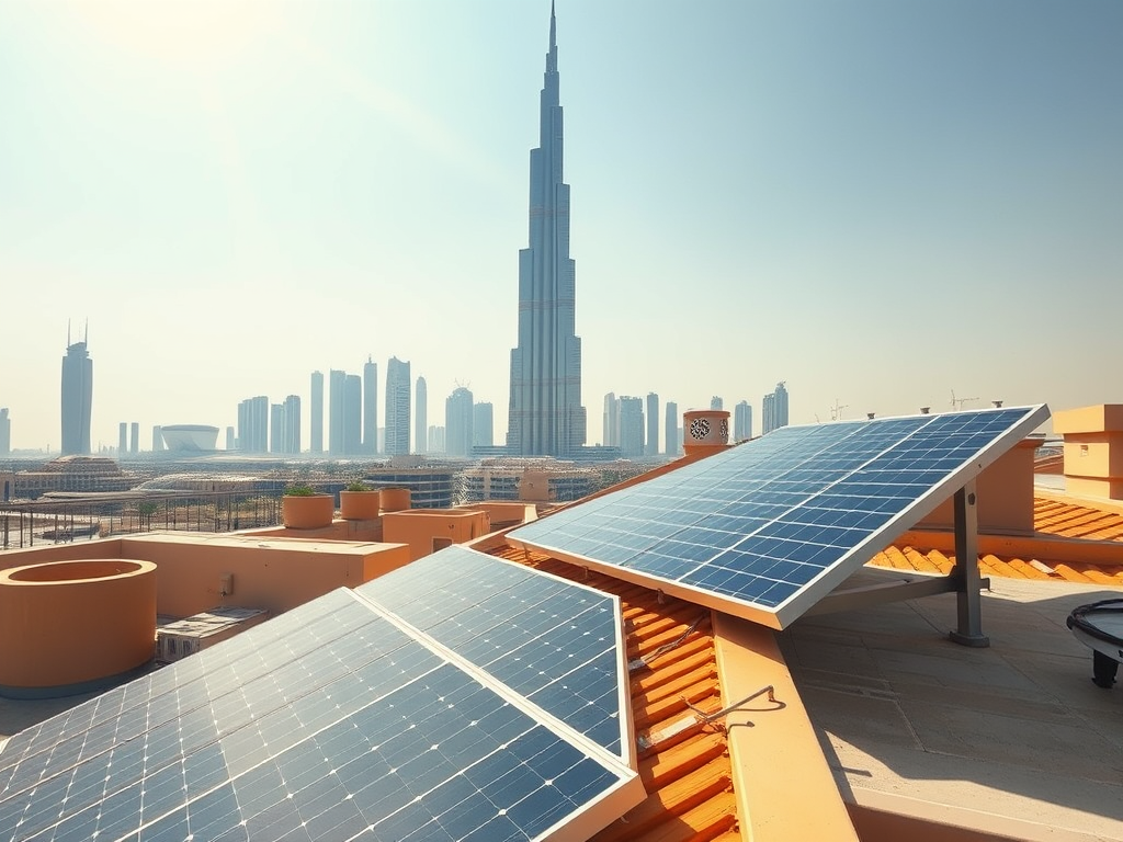 A rooftop with solar panels, overlooking the skyline featuring Burj Khalifa and other modern buildings.