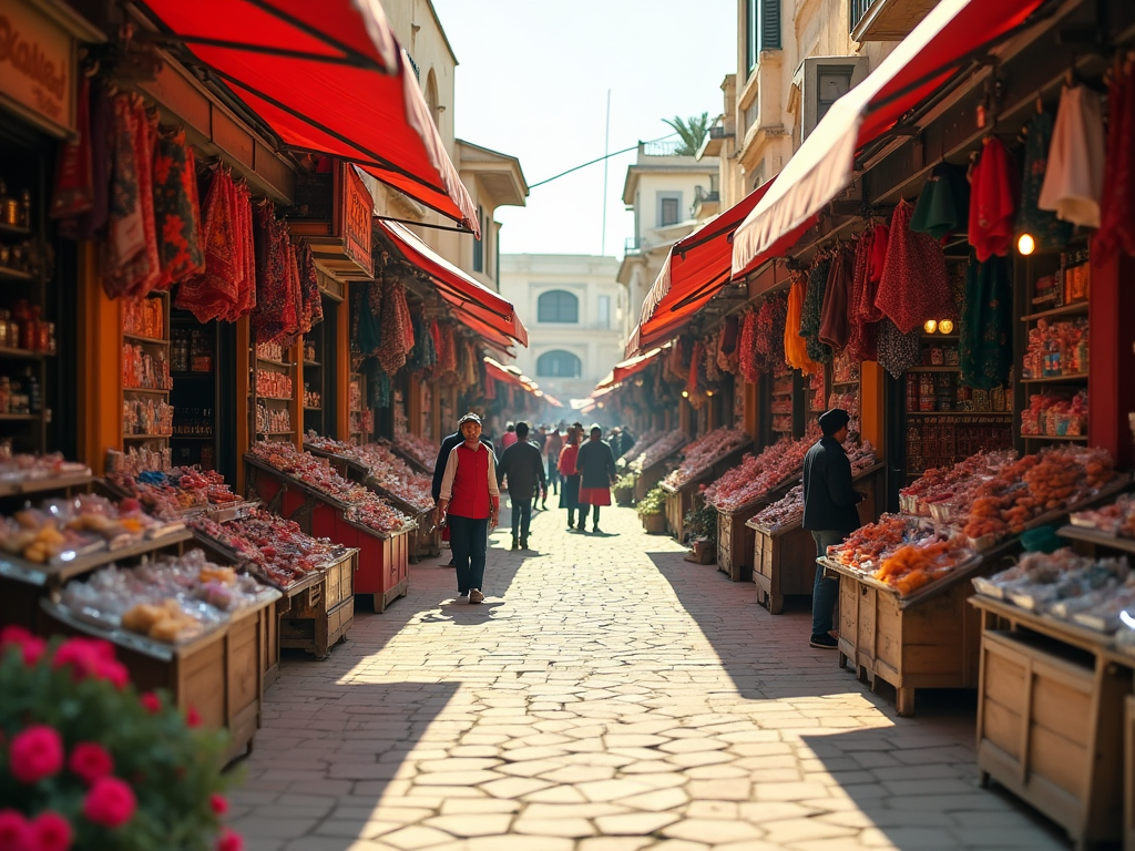 Bustling street market with stalls selling dried fruits and spices, people browsing under red awnings.