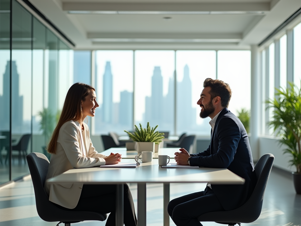 Two professionals talking at a table in a modern office with a city view in the background.