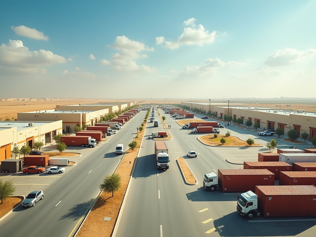 Aerial view of a desert industrial area with aligned warehouses, trucks, and a clear sky.