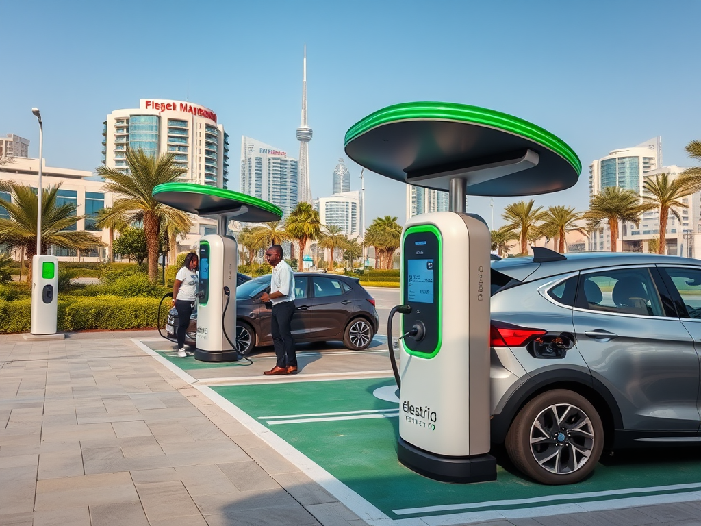 Two people charge electric cars at modern charging stations with city buildings in the background. Palm trees line the area.