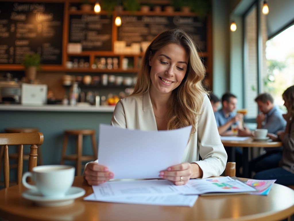 Smiling woman reading documents in a busy cafe with a cup of coffee on the table.