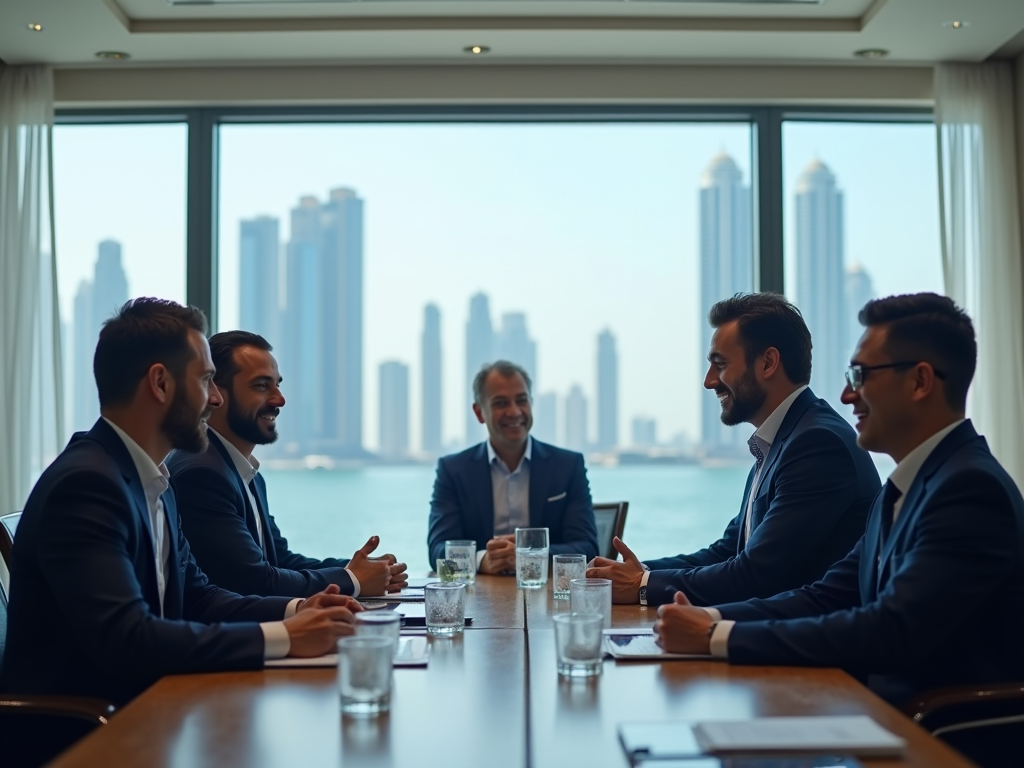 Businessmen laughing during a meeting in a conference room with city skyline background.