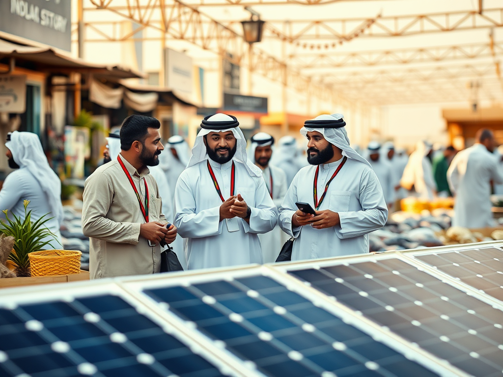 Three men in traditional attire converse in a market with solar panels in the foreground and a bustling background.