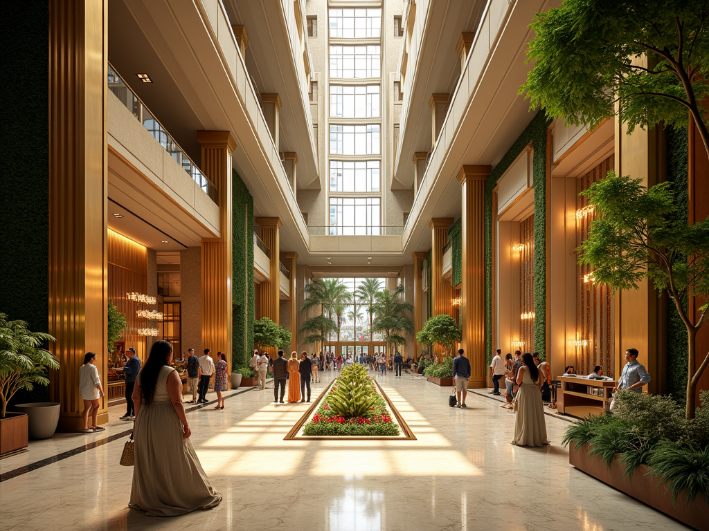 Luxurious hotel lobby with high ceilings, golden columns, greenery, and people mingling.