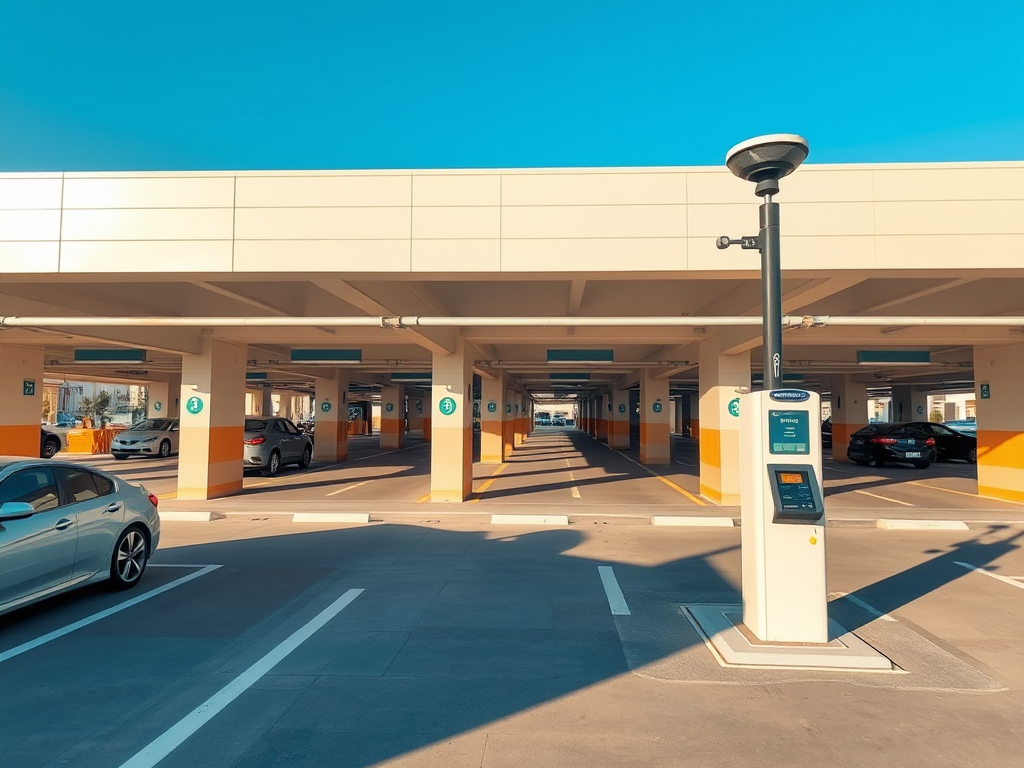 A wide view of a parking garage with multiple parked cars and a payment kiosk in the center. Bright blue sky above.