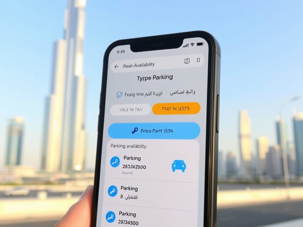 A smartphone displays a parking app interface with availability details against a city skyline background.