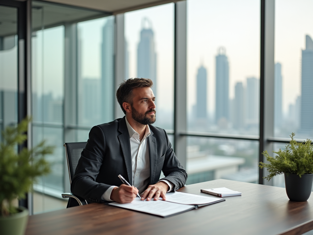 Man in suit writing at desk by window overlooking city skyline.