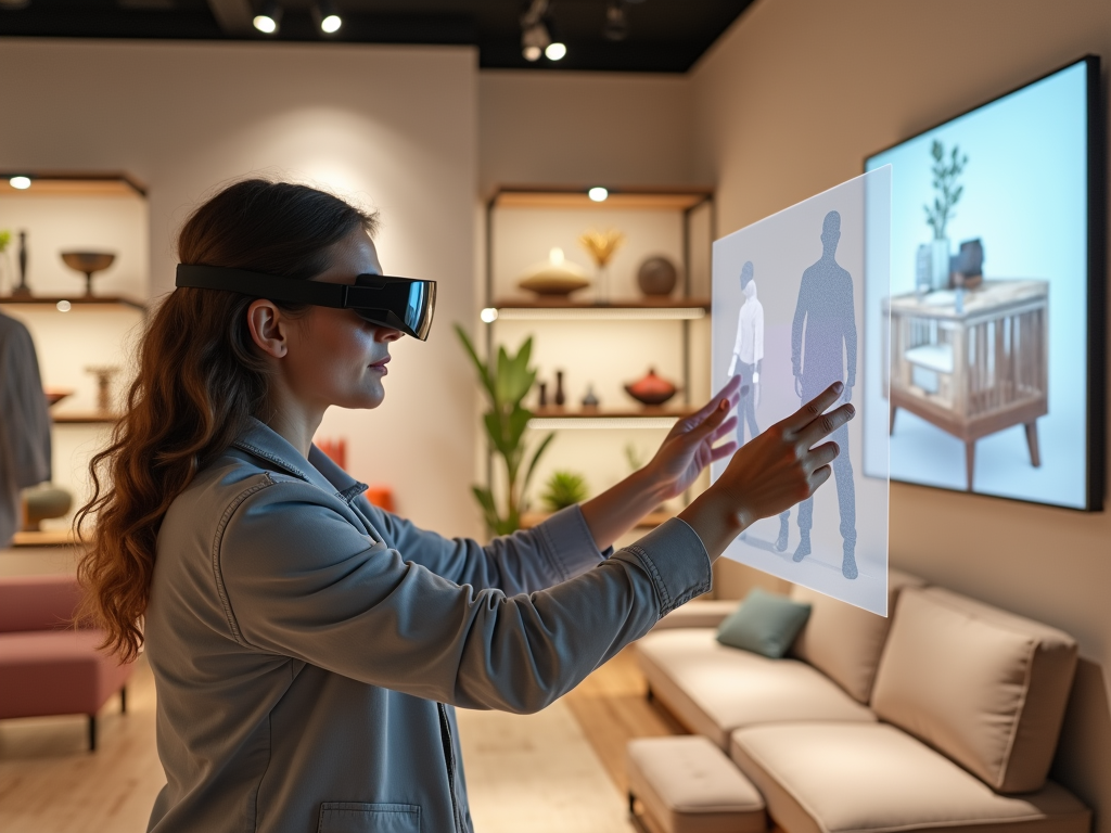 Woman using VR headset to interact with holographic displays in a modern home.