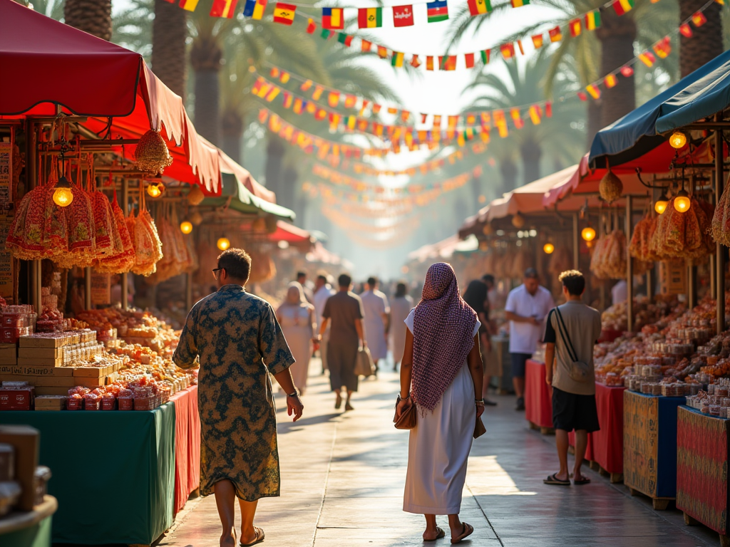 Vibrant market scene with stalls selling goods under colorful lights, and people browsing.