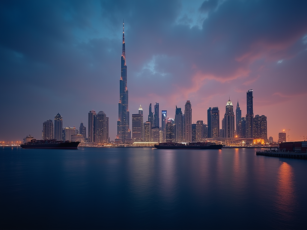 Dubai skyline at dusk featuring the iconic Burj Khalifa and modern skyscrapers, with water reflections.