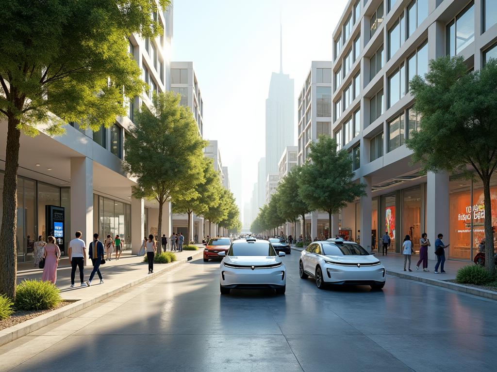 Urban street scene with modern buildings, pedestrians, and cars on a sunlit day.