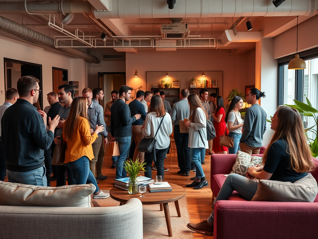 A group of people mingles in a bright, modern office space, chatting and socializing around small tables.