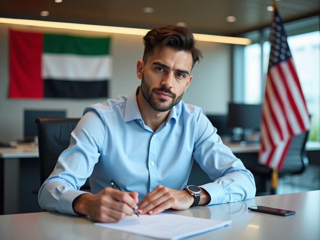 Man in blue shirt writing at desk with UAE and USA flags in background.